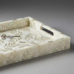 El proveedor indio ofrece bandeja de servicio rectangular de nácar (MOP) de lujo-Resina blanca, patrón de hoja iridiscente - Product Image 2