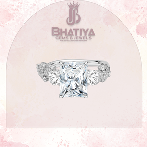 Anillo de compromiso de tres piedras radiante, banda de vid de oro amarillo, anillo de acento de diamante Floral, joyería fina de moissanita cultivada en laboratorio - Product Image 5