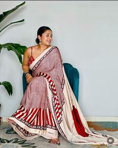 Sari Exclusivo Tradicional de la India de Seda Satén con Estampado Digital, Elegante Ropa de Fiesta y Boda para Novia, Boutique India Más Buscada - Product Image 5