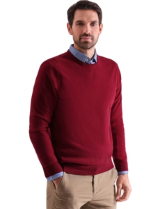 Pull en <span class=keywords><strong>laine</strong></span> mérinos superfine 100% pour homme, col rond, col et poignets côtelés, manches longues, bordeaux - Product Image 4