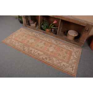 Vintage Turkish Rug 2.6x6.1ft Orange Beige Large Area Woolen Patchwork Rectangle Abstract Pattern Latex for Hallway Room Rug - Product Image 3