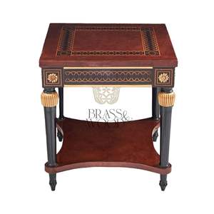 Mesa Auxiliar Cuadrada de Lujo de 2 Niveles con Incrustaciones Geométricas de Madera, Patas Acanaladas Negras y Doradas para Decoración Clásica de Sala de Estar - Product Image 1