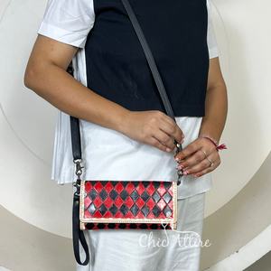 Women's Luxury Crossbody Shoulder Mini Bag Hand <b>Tooled</b> Checkered <b>Leather</b> Strap Long Trifold Wallet Luxury Designer Clutch Purse - Product Image 1