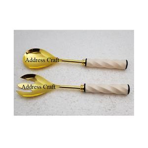 Dernier modèle de service à salade en acier inoxydable Cuillère à salade de style classique Fourchette Manche en marbre Vaisselle de service en métal de première qualité - Product Image 1