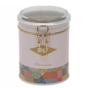 Caja de lata redonda de 90x110mm 0.6L con cierre de alambre y tapa transparente Patrón de retazos Fondo rosa para almacenamiento de herramientas - Product Image 1