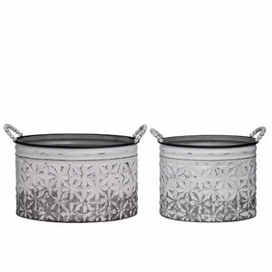 Jardinière en métal galvanisé blanc lavé avec poignées pour la maison et le jardin Jardinière ovale décorative - Product Image 1