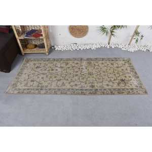 Tapis en laine floral beige vintage de grande surface (2,8x6,5 pieds) fait à la main nouveau design patchwork rectangle pour entrée pour couloir en latex - Product Image 3