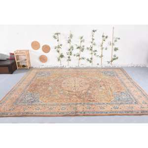 Alfombra turca vintage clásica marrón azul 9,8X13,1 pies hecha a mano pelo de felpa forma rectangular Tabriz Patchwork lana poliéster látex - Product Image 1