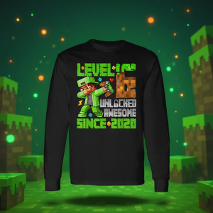 T-shirt promozionale a maniche lunghe per ragazzi con stampa 'Level 6 Unlocked Awesome Since 2020 6th Birthday Game' - Product Image 3