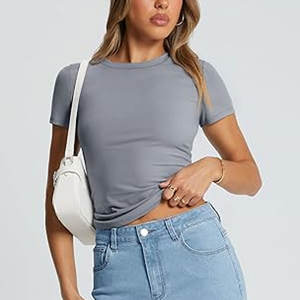 Col rond basique t-shirts pour femmes à manches courtes 2025 été hauts à la mode solide décontracté coupe régulière t-shirt - Product Image 3