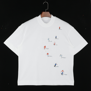 O-Neck Short Sleeve Cotton <b>T</b>-<b>Shirt</b> With <b>Skiing</b> Character Print Men's Casual Regular Fit Knitted Breathable White Top - Product Image 1
