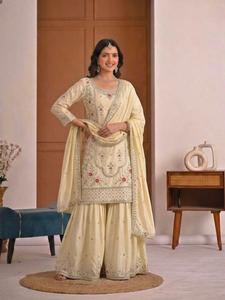 Conjunto de diseñador para novias y fiestas, con bordado de lentejuelas, top completamente cosido con sharara plazzo y dupatta, listo para usar. - Product Image 1