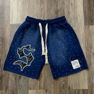 Short décontracté pour hommes avec perles en strass et logo brodé personnalisé OEM vente en gros design légèrement délavé - Product Image 3