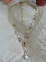 Kalung Rantai Berlapis Emas dengan 15 Butir Batu Alam Kecil, Mutiara Air Tawar Baroque, Batu Permata Ringan untuk Wanita
