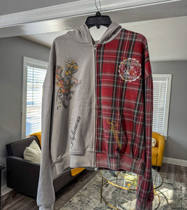 Sudadera con capucha con estampado personalizado de fabricante al por mayor, logotipo impreso a cuadros, bordado de gran tamaño, recortada, 2 tonos, chaqueta con cremallera para hombre - Product Image 6