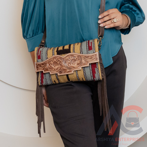 New Western Stylish Real <b>Tooled</b> Aztec <b>Leather</b> Multi Color Fringe Sling Bag Hot Selling Southwest <b>Tooled</b> Saddle Blanket Handbag - Product Image 1