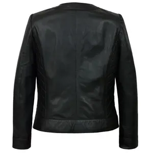 Chaqueta de Cuero 100% de piel de cordero auténtica acolchada para mujer moderna, chaqueta de cuero acolchada negra con cremallera negra para mujer, - Product Image 2