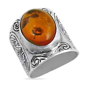 Bague Statement Unisexe en Argent Sterling 925 Incrustée d'Ambre, Style Bohème Tendance Vintage, Taille Unique, Cadeau Religieux Chrétien - Product Image 1