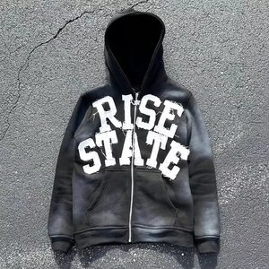 Sudadera con capucha Unisex desgastada de algodón 100% con cremallera completa y Jersey de peso pesado Impresión digital Bordado Logo Estampado de invierno - Product Image 2