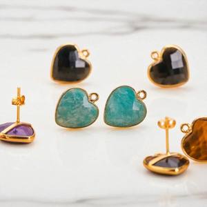 DIY <b>Heart</b> Bezel Gemstone <b>Studs</b> <b>Earrings</b> With Loop - Faceted Gemstone <b>Studs</b> for Women - 925 <b>Silver</b> <b>Earrings</b> Jewelry - Product Image 1