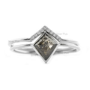 Genuine <b>Salt</b> <b>Pepper</b> Diamond Engagement Chevron Two Ring <b>Set</b> Solid 14K Yellow Gold Minimalist Bridal Wedding Handmade Diamond Jew - Product Image 5