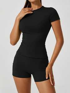 Ensemble de yoga 3 pièces en nylon spandex pour femmes, nouveau style, short legging taille haute, taille moyenne, solide, réversible, grande taille, équipement d'entraînement - Product Image 6