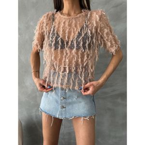 Blusa de Encaje con Flecos Brillantes Topshow Salmon para Mujer - Elegante Top de Poliéster, Disponible en Tallas S, M, L para Venta al Por Mayor - Product Image 4