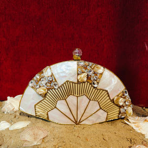 Luxury Fan Shape Mother of <b>Pearl</b> Panelled <b>Clutch</b> with Crystal and <b>Pearl</b> Embellishment Gold Frame Evening Bag - Product Image 1