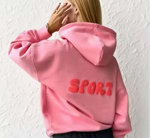 Jersey informal para mujer, suéter de punto suave para invierno y otoño, Tops de manga larga con cuello redondo y capucha, estampado de logotipo frontal, ajuste holgado cómodo - Product Image 1