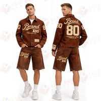 Ensemble veste et short en jean marron en gros, style rétro délavé, veste en jean déchirée courte, ensembles de jorts pour hommes