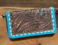 Portefeuille pour femme en cuir véritable ABC GLOBAL EXIM, fait main, avec fermeture éclair, motif floral turquoise, protection RFID, 4"H X