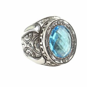 925 Sterling Silver Men's Statement <b>Ring</b> Handcrafted with Aquamarine Blue Stone and Engraved Rose Motif for Everyday Wear - Product Image 1
