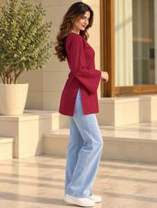 เสื้อทูนิคแขนยาวคอวีสีพื้นสำหรับผู้หญิงขายส่ง – เสื้อเชิ้ตแขนยาวลำลองคอวีสำหรับใส่ทุกวัน เสื้อทูนิคแขนยาวสีแดงสำหรับผู้หญิง - Product Image 3