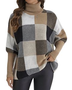 Women Beige Brown <b>Black</b> White Checkered Turtleneck Sweater Winter Knitted <b>Long</b> Sleeve Casual Pullover Fashion Top For Women - Product Image 1
