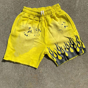 Pantalones cortos de sudor de verano personalizados, pantalones cortos holgados de algodón con estampado gráfico Vintage Raw Hem Applique Distressed Acid Wash Shorts para hombres - Product Image 3