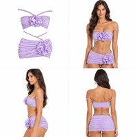 Set Bikini 3 Potong Wanita Motif Bunga 3D yang Dapat Disesuaikan, Tali Tipis, Bahu Terbuka, Rok Kerut, Bahan Waffle, Baju Renang Pantai, Mendukung OEM ODM