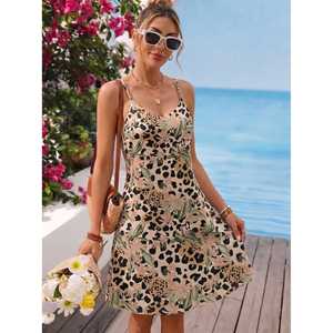 2026 <b>Sexy</b> Leopard Floral Print Slip <b>Dress</b> <b>Women</b> V-Neck Spaghetti Strap A-Line Summer Beach Sundress Wholesale OEM - Product Image 1