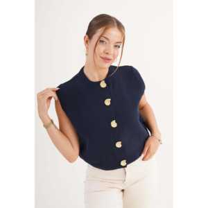 Chaleco de Punto sin Mangas Azul Marino con Botones de Caracol para Uso Exterior, Venta al por Mayor - Product Image 3