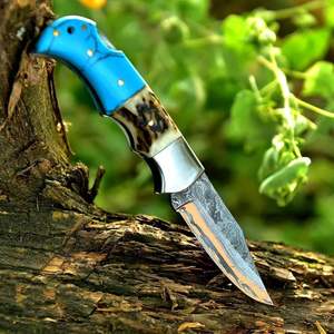 Handmade Damascus Copper <b>Steel</b> Pocket Knife with Stag Handle EDC OEM Support Industrial Application Customized Limited Edition - Product Image 4