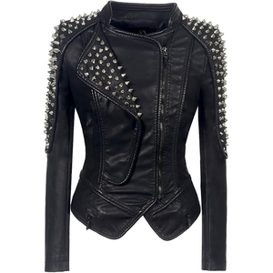 Chaqueta de Motociclista Punk con Remaches para Mujer, Chaqueta de Cuero Sintético con Cremallera Asimétrica y Tachuelas - Product Image 1