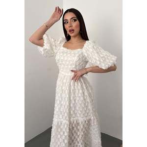 <b>White</b> <b>Balloon</b> Sleeve Ruffled Dress - <b>White</b> - Product Image 3
