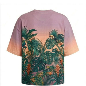 เสื้อยืดผู้ชายทรงหลวม พิมพ์ลายทรอปิคอลไล่เฉดสี แขนสั้น สไตล์ลำลอง ไซส์ใหญ่ ผ้าฝ้ายถัก 100% โลโก้ด้านหน้า คอกลม - Product Image 6