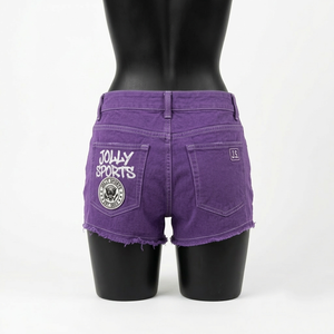Shorts de mezclilla morados premium para mujer, 320 GSM, algodón y spandex, tela elástica, logotipo personalizado, shorts para realzar glúteos. - Product Image 5