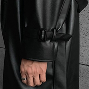 Spring Autumn Long <b>Black</b> Oversized Genuine Leather Down Coat <b>Men</b> Drop Shoulder Belt Waterproof Quick Dry Breathable Coats - Product Image 5