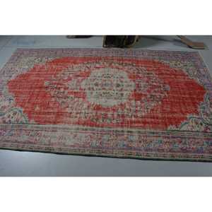 5.5x8.9 ft Rug, Turkish Rug, Vintage <b>Red</b> <b>Wool</b> Solid Rug - Product Image 3