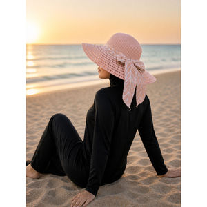 Powder Pink Leaf Patterned Straw <b>Hat</b> with Ribbon Detail <b>Floppy</b> Seagrass Cowboy Style Printed Beanie for Beach Wear - Product Image 1