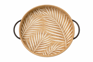 Plateau rond en bois avec poignées noires, design ventilateur, plateau de service, plateau de présentation, plateau à vendre en gros - Product Image 3