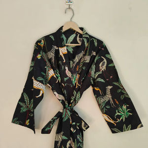 <b>Black</b> Jungle Print <b>Women's</b> Cotton Kimono <b>Robe</b>-V-Neck Full Length Soft Summer Luxury Gift - Product Image 1