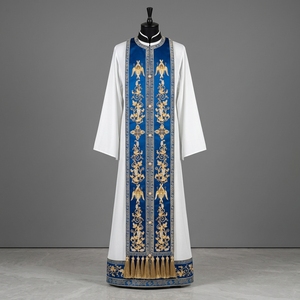 Conjunto de Vestimenta de Diácono Ortodoxo Blanco y Azul con Bordado de Hilos Dorados, Estichario, Orarion, Túnica Litúrgica, Venta al por Mayor - Product Image 1