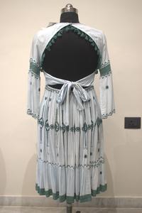 Elegant Rayon Summer <b>Dress</b> Adults Opal Aura Solid Pattern Embroidered Backless Design <b>Loose</b> Silhouette Natural Waistline V-neck - Product Image 3